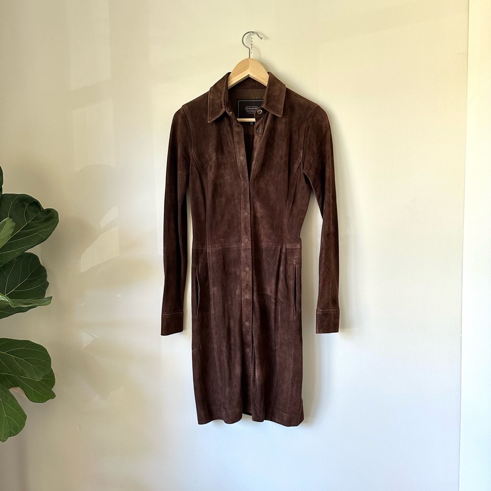 VTG Coach 100% Suede Leather Trench Jacket Long Shirt Dress Coat 100% Silk Trim